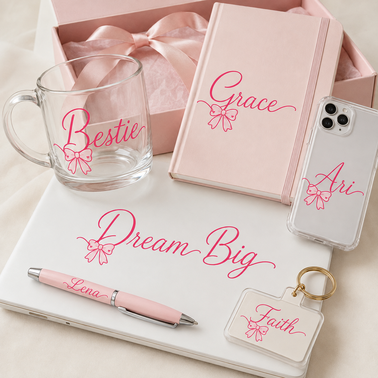 Bow signature name decals on gift set items including mug, notebook, phone case, pen, and keychain