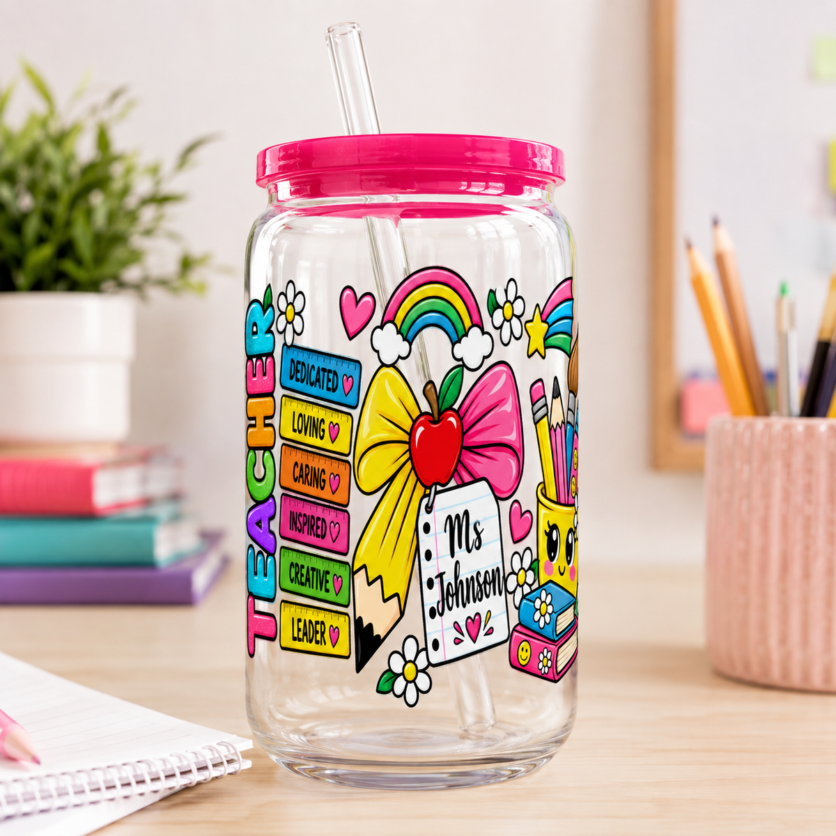 Teacher Rainbow Bow Personalized 16oz Glass Tumbler with Hot Pink lid