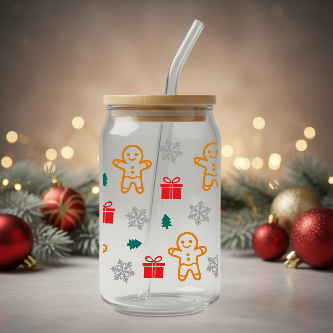 Christmas Gingerbread Glass Can – 16oz 🎄✨
