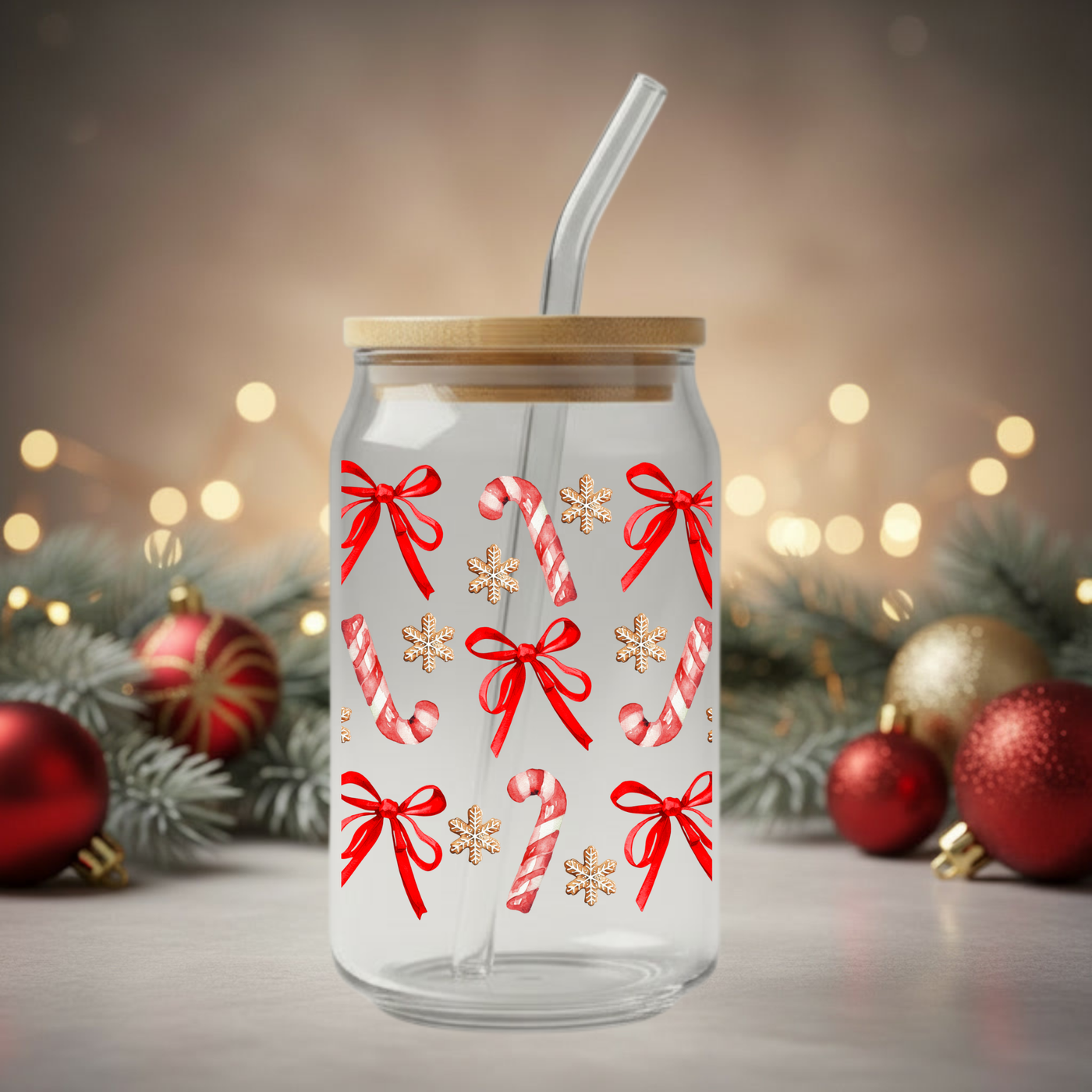 Candy Cane Glass Can – 16oz 🍬🎄✨
